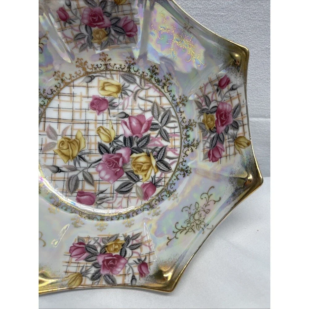 Rose Bowl Gala Vintage Trimont Ware Japan Iridescent Yellow Pink Roses Octagonal